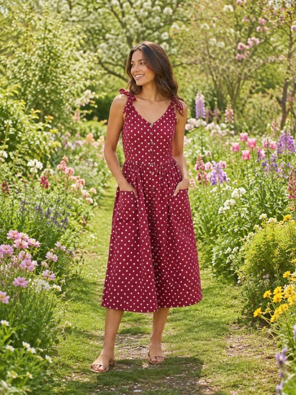 April Cornell Red White Polka Dot Shoulder Tie Button Up Midi Dress